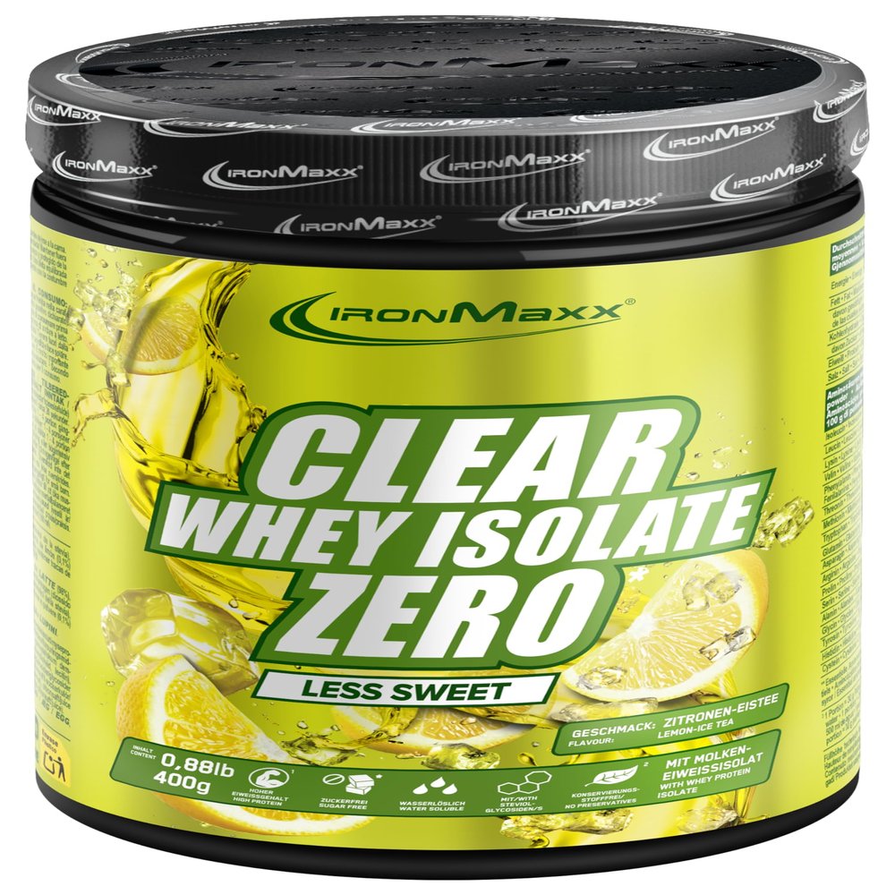 IronMaxx Clear Whey Isolate Zero - LESS SWEET - Lemon Iced Tea 400 g Tub | Clear Sugar-Free Whey Protein Isolate | Lactose-Free Clear Protein | Protein Lemonade with a Fruity, Refreshing Flavor