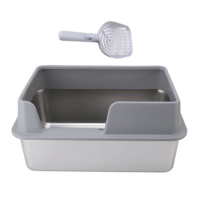 Stainless Steel Cat Litter Box with High Sides and Removable Lid, Gray