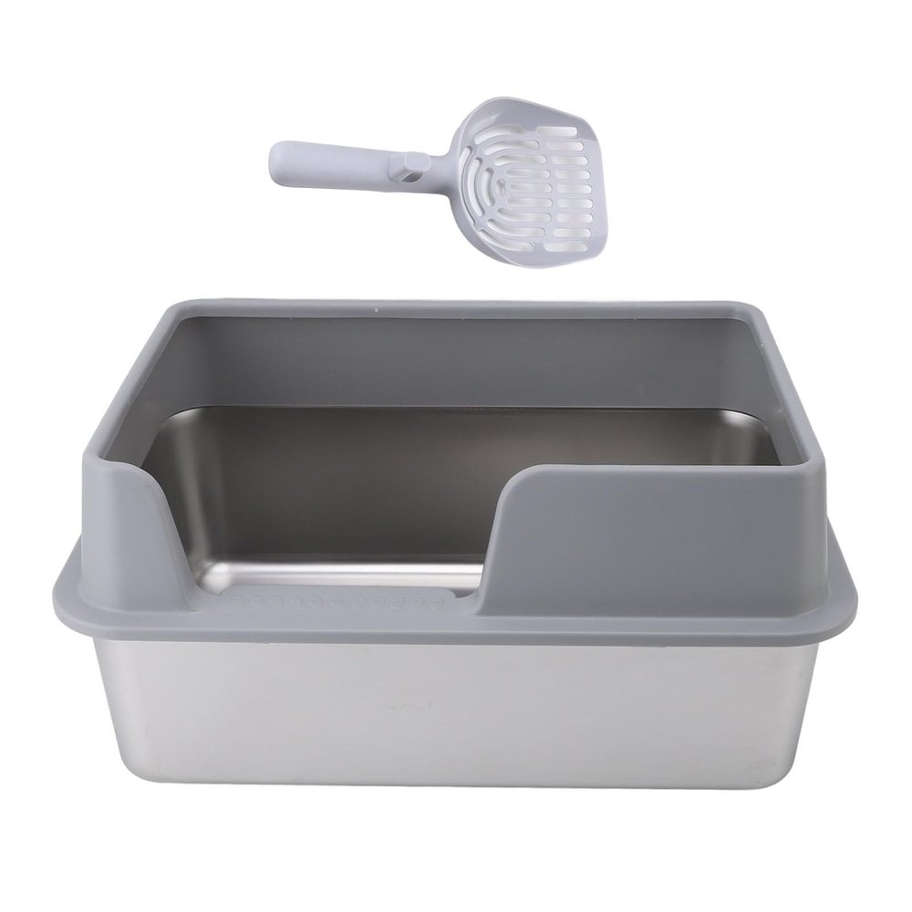 Stainless Steel Cat Litter Box with High Sides and Removable Lid, Gray