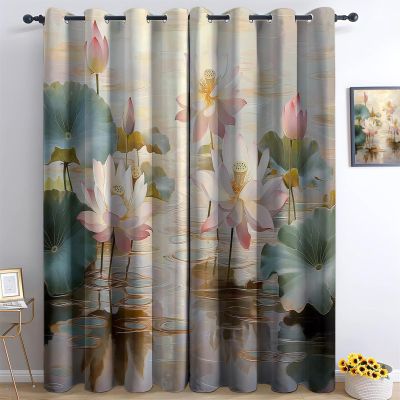 Blackout Curtain with Lotus Pond 3D Print, Thermal Polyester, 183 x 117 cm, Set of 2