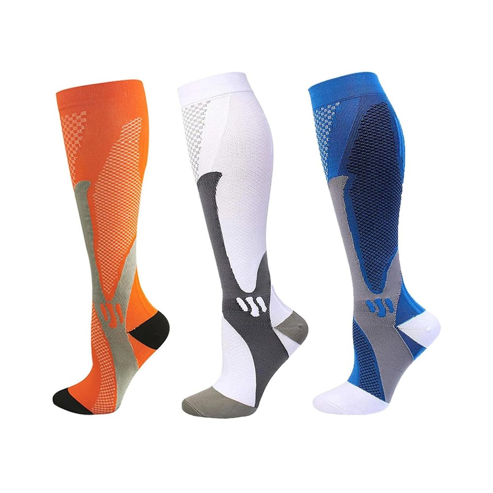 Compression Socks for Men and Women, 3 Pairs, 20–30 mmHg Knee-High Support Socks, XL, Orange/White/Blue