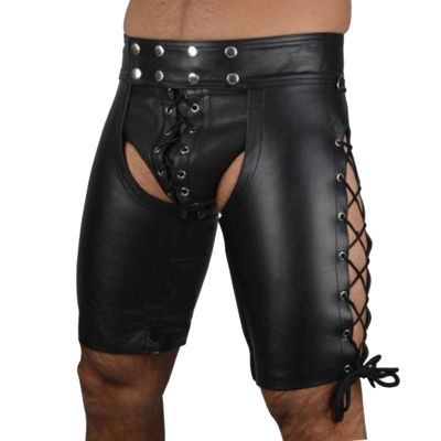 Men's Leather Jockstrap Boxer Shorts with Drawstring, Black, L
