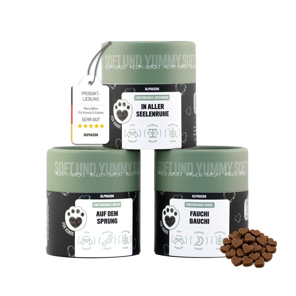 alphazoo Functional Snack Variety Pack, 3 x 60 g - Heart-Shaped Dog Treats with Enterococcus faecium, Glucosamine & Valerian - Grain- and Sugar-Free - Made in Germany