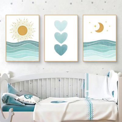 Ueiwffzo 3-Piece Abstract Sea, Sun and Moon Poster Set for Kids' Room, Unframed (21 x 30 cm)