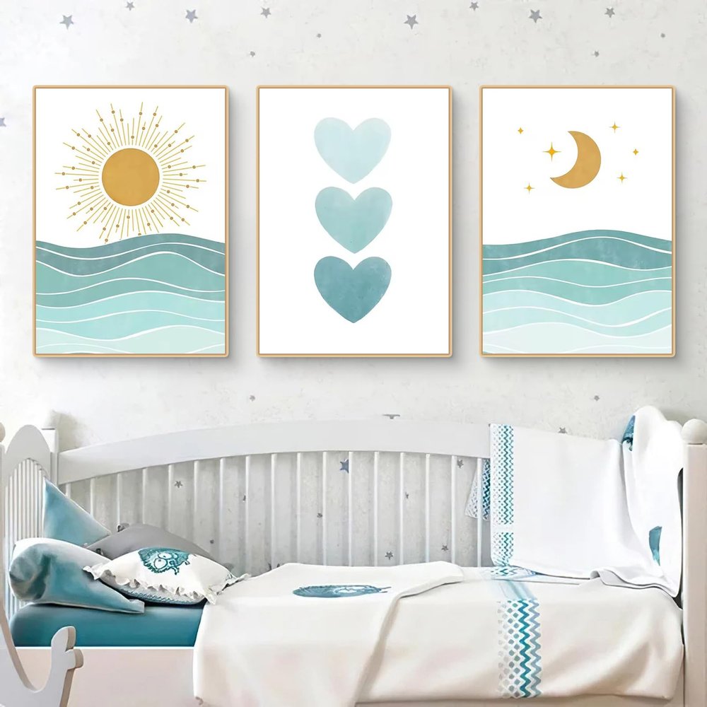 Ueiwffzo 3-Piece Abstract Sea, Sun and Moon Poster Set for Kids' Room, Unframed (21 x 30 cm)