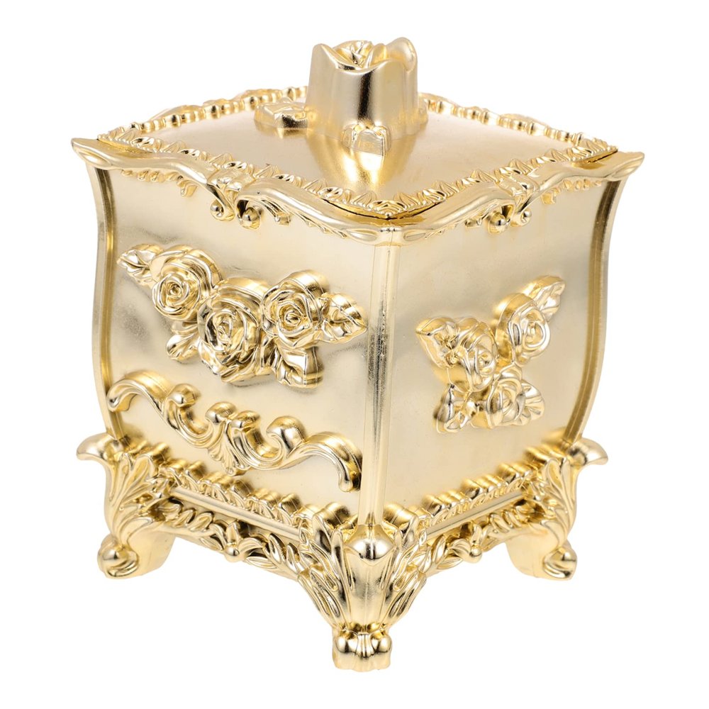 Decorative Golden Plastic Cotton Pad Holder with Floral Embossing
