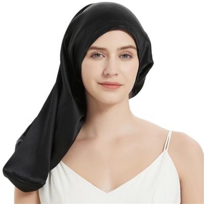 HEUchuan Silk Satin Sleeping Cap for Long Hair, 60 × 33 cm, Black