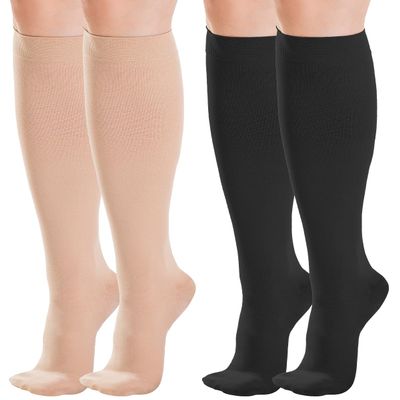 2 Pairs Medical Compression Socks for Women & Men, Class 2 (20–30 mmHg) – Support for Varicose Veins & Edema, DVT Prevention for Flights, Travel, Sports & Pregnancy, Black + Beige, S