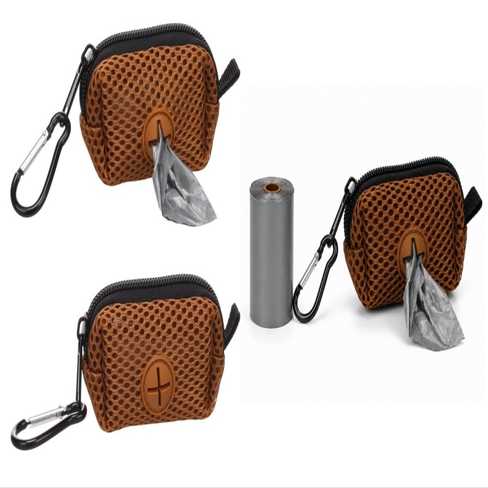Misha Brown Dog Waste Bag Dispenser - Polyester & Mesh - Zipper - Carabiner Clip - 1 Roll Included - Flamingo