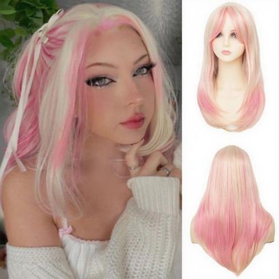 Salaibs Long Straight Pink and Blonde Wig for Women