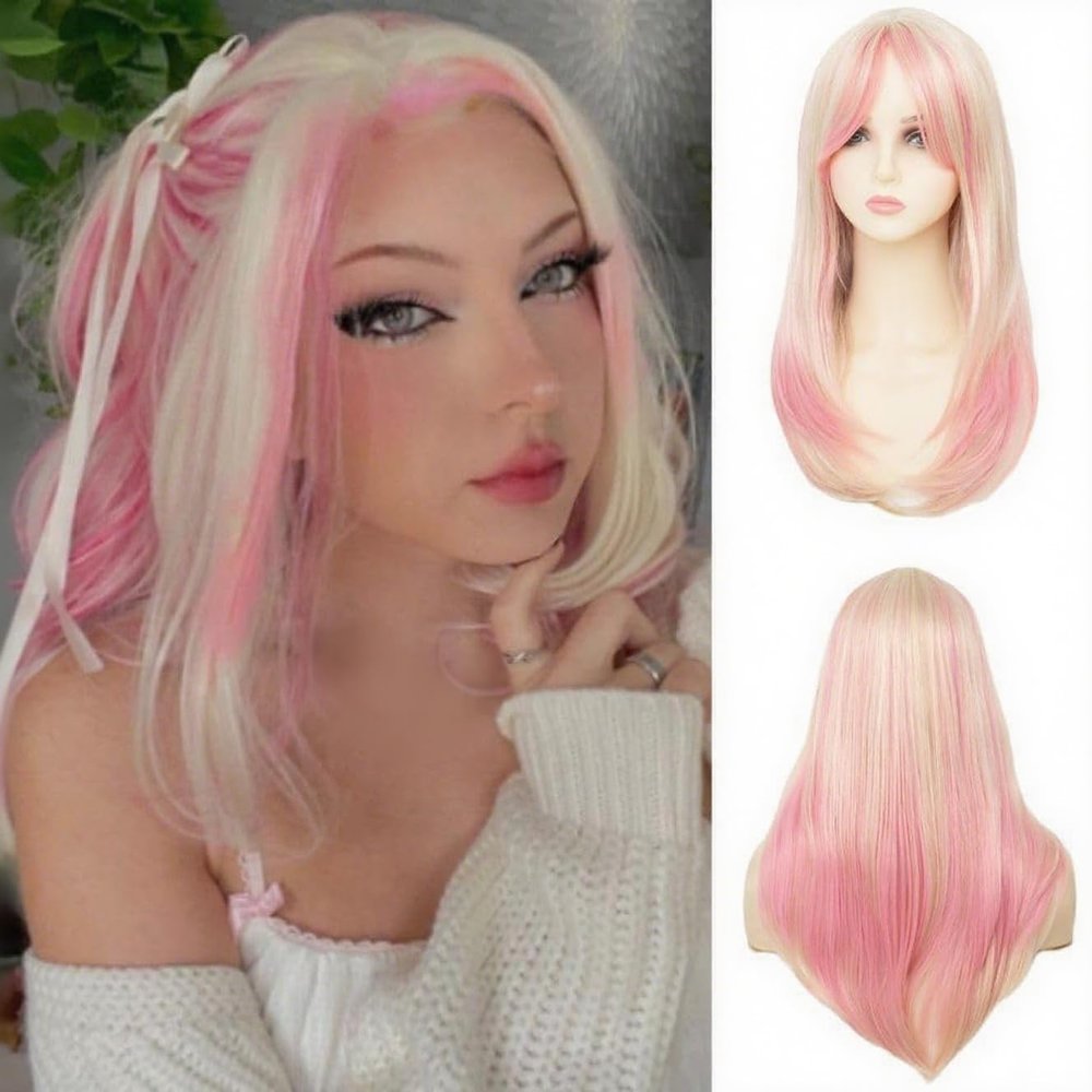 Salaibs Long Straight Pink and Blonde Wig for Women
