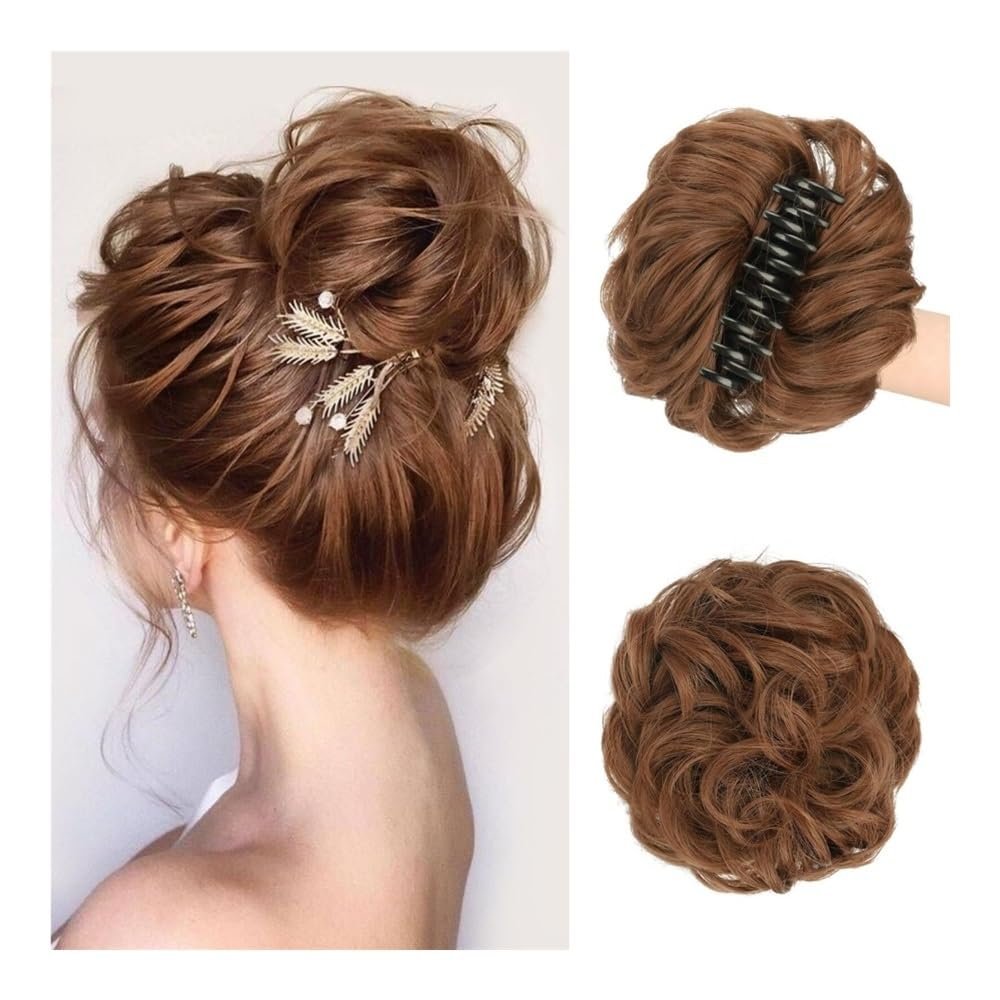 Synthetic Clip-In Messy Bun Hairpiece for Women, Brownish Red