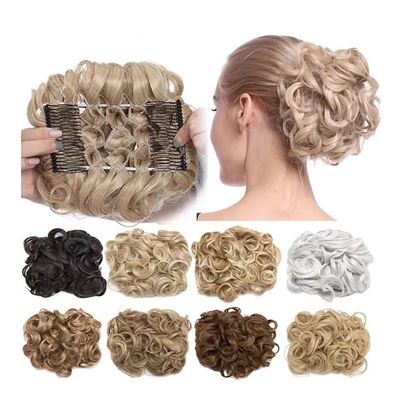 Hair Bun with Large Comb Clips for Curly Synthetic Hair Extensions and Updos (Light Black)