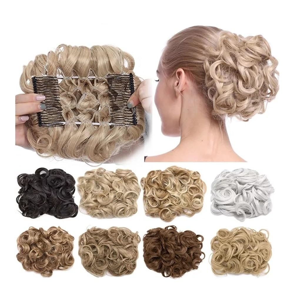 Hair Bun with Large Comb Clips for Curly Synthetic Hair Extensions and Updos (Light Black)