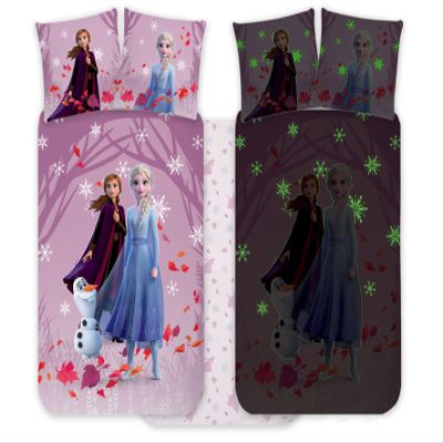BrandMac Disney Frozen Elsa & Anna Toddler Bedding Set, 100 x 140 cm, Pillowcase 40 x 45 cm, 100% Cotton, Glow-in-the-Dark Reversible Design