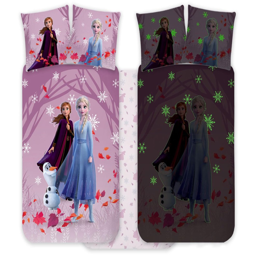 BrandMac Disney Frozen Elsa & Anna Toddler Bedding Set, 100 x 140 cm, Pillowcase 40 x 45 cm, 100% Cotton, Glow-in-the-Dark Reversible Design