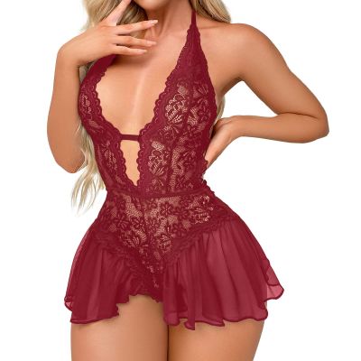 Women’s Lace Sheer Babydoll Teddy with Garters