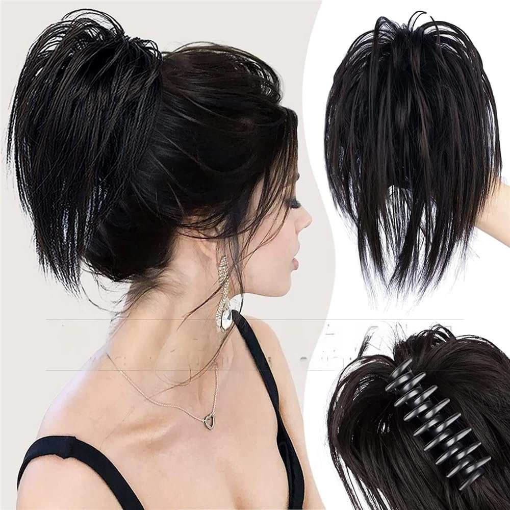 Messy Bun Wig with Fluffy Chicken-Coop-Inspired Hair Clip, Black