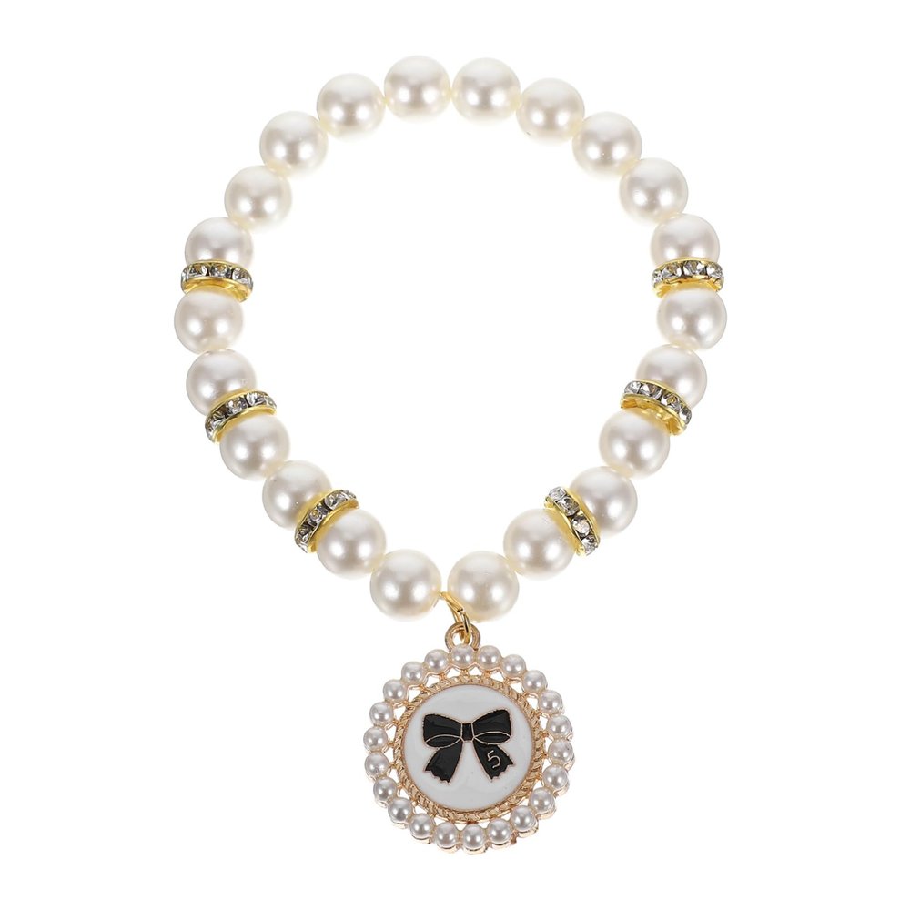 Toyvian Adjustable Pearl Dog Collar with Black Bow Design