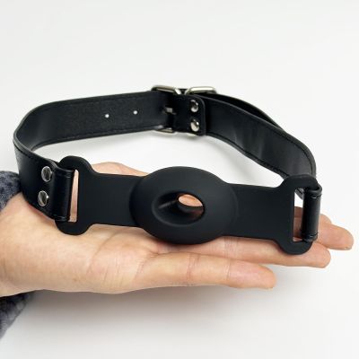 Black Open-Mouth Silicone Gag with Leather Straps, Soft, Elastic, Ventilated