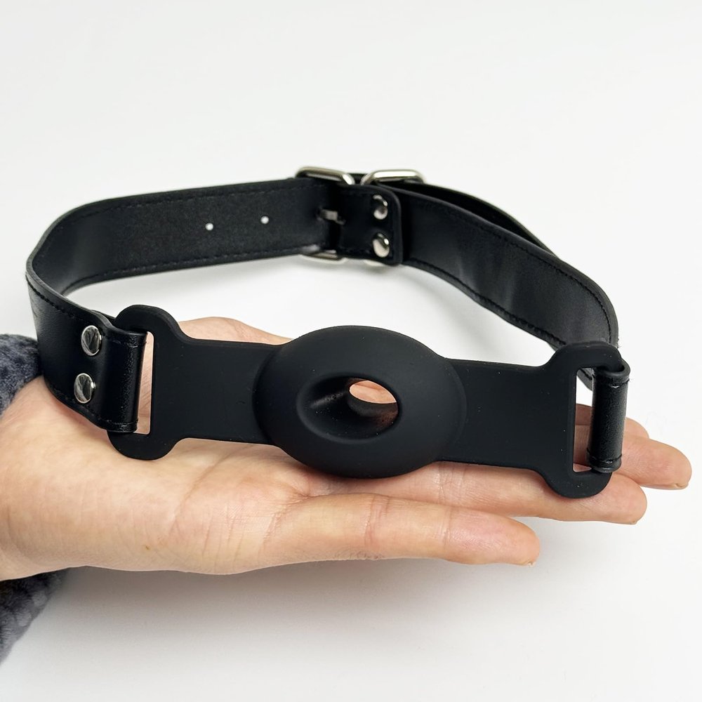 Black Open-Mouth Silicone Gag with Leather Straps, Soft, Elastic, Ventilated