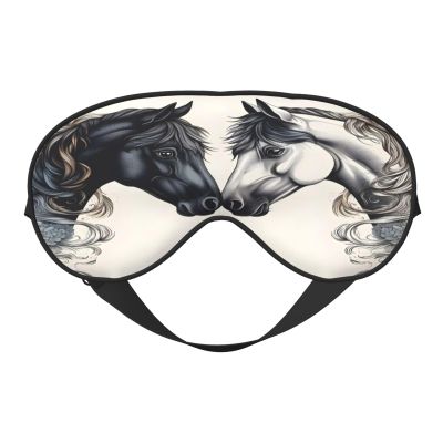 Polyester and Spandex Sleep Mask for Women and Men, Adjustable Silk-Like Eye Mask with Double-Sided Print, White/Black Horse, Breathable, Blackout