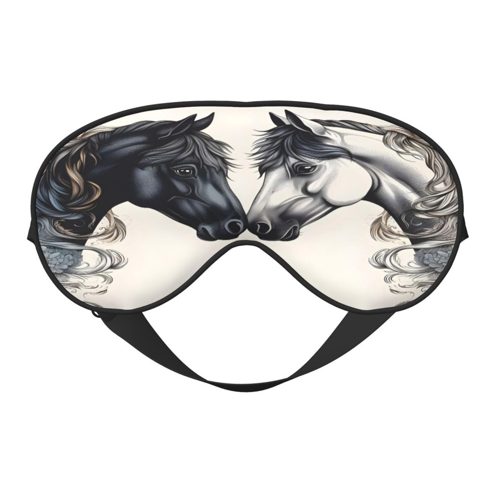 Polyester and Spandex Sleep Mask for Women and Men, Adjustable Silk-Like Eye Mask with Double-Sided Print, White/Black Horse, Breathable, Blackout