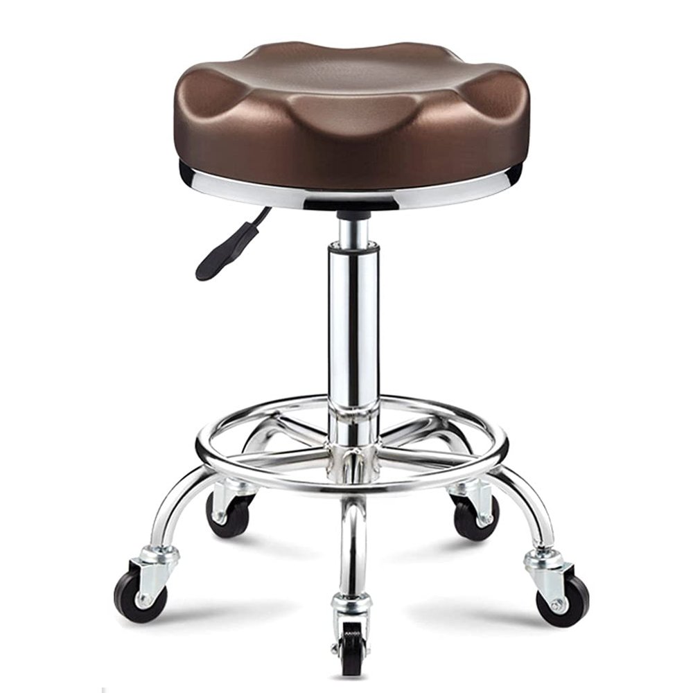 QDZC Round Rolling Stool, Height-Adjustable, Swivel PU Leather Seat, Brown
