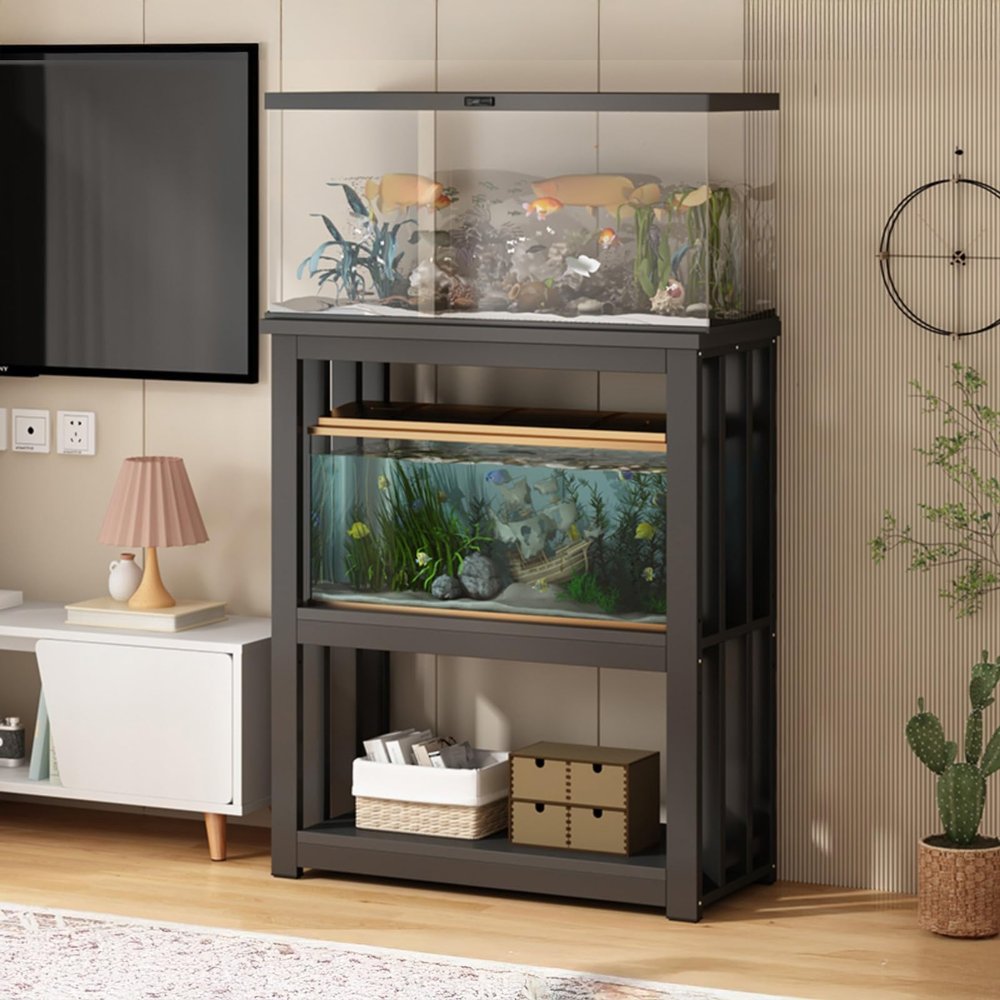 CTREVL Aquarium Stand with 2-Tier Shelves, Adjustable Shelf Height, 100 kg Max Load, Black, 90 x 40 cm