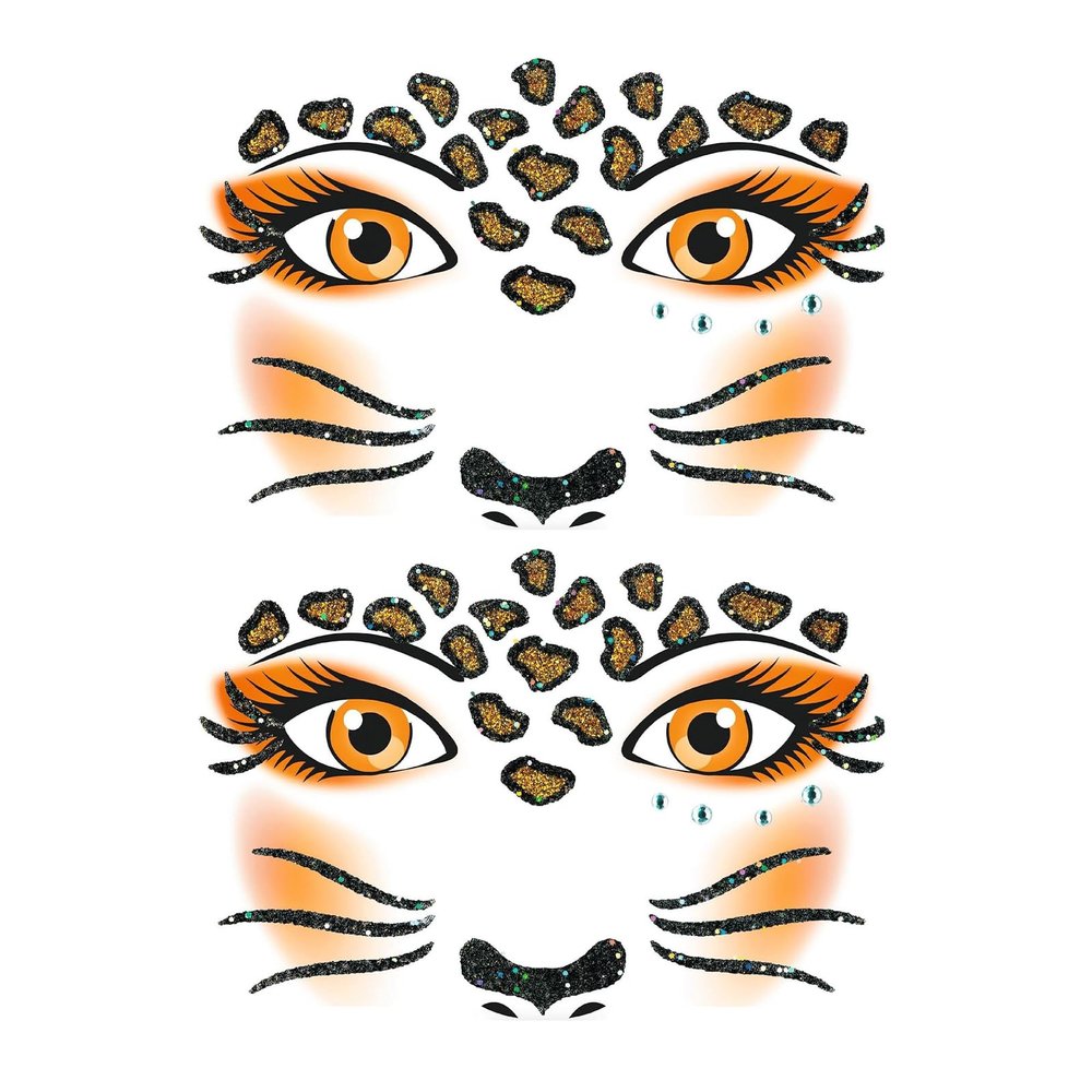 Sikweny 2-Piece Leopard Face Sticker Tattoos with Glitter