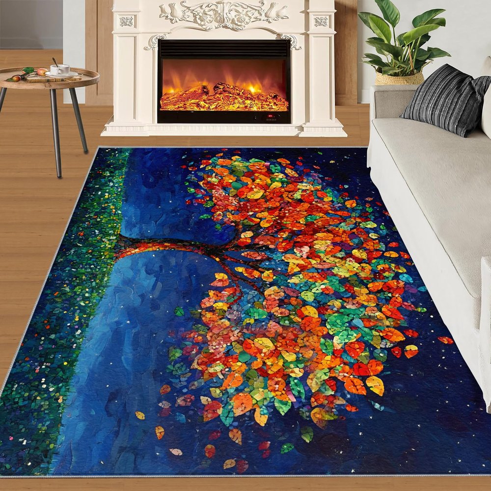 HYGIUID Dream Tree of Life Rug, Impressionist Floral Design, Non-Slip Washable Floor Rug for Living Room, Bedroom, Kitchen, Office, or Children's Room