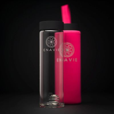 ENAVIE Shaker Bottle, 550 ml, Tempered Glass with Neoprene Sleeve, Shaker Ball, Magenta