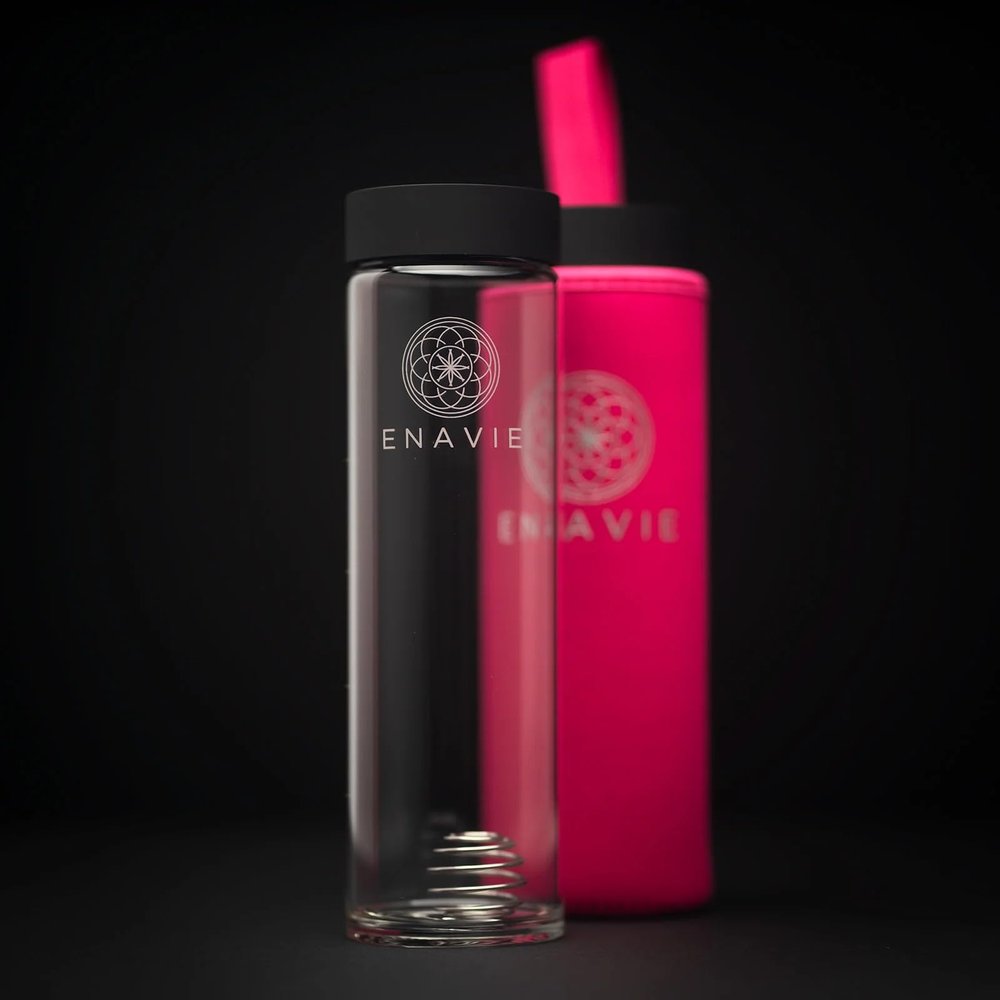 ENAVIE Shaker Bottle, 550 ml, Tempered Glass with Neoprene Sleeve, Shaker Ball, Magenta