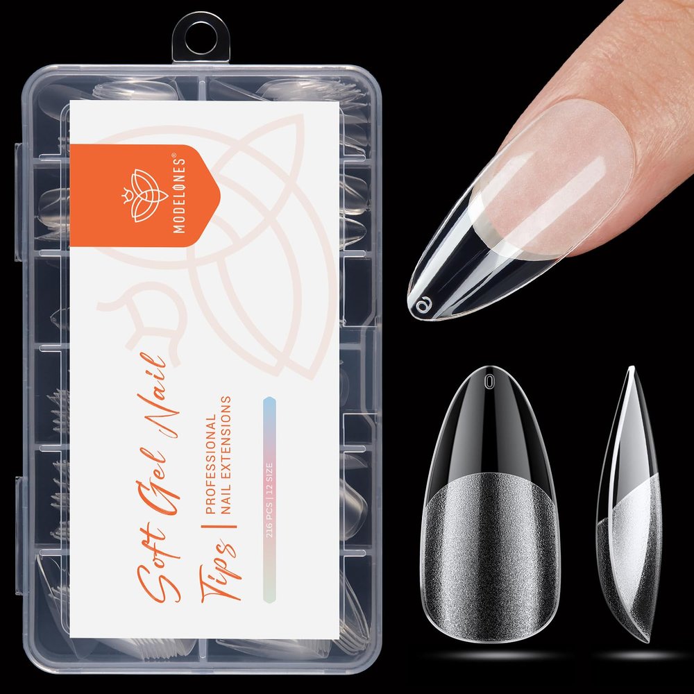Modelones 216-Piece Full-Cover Almond Nail Tips Set, 12 Sizes