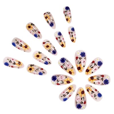 24-Piece Short Almond Press-On Nails with Floral Designs