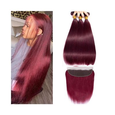 Huangj-0527 Straight Brazilian Human Hair Bundles with 13x4 HD Lace Frontal, 99J Burgundy