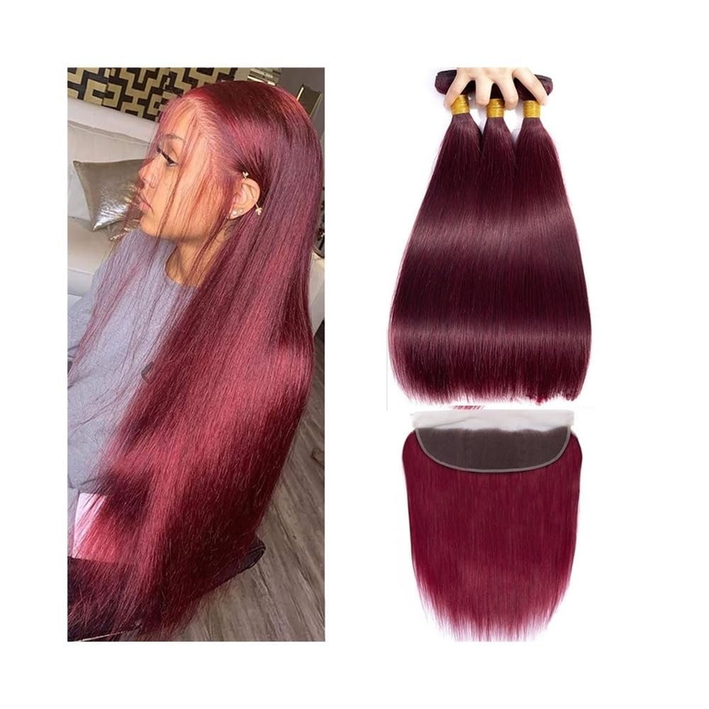 Huangj-0527 Straight Brazilian Human Hair Bundles with 13x4 HD Lace Frontal, 99J Burgundy