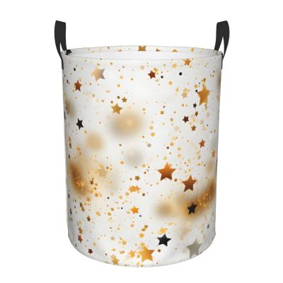 Mexpekil Foldable Laundry Basket with Handles, Waterproof Storage Bin for Toys, Dirty Clothes, and Books (Gold-Colored Stars)
