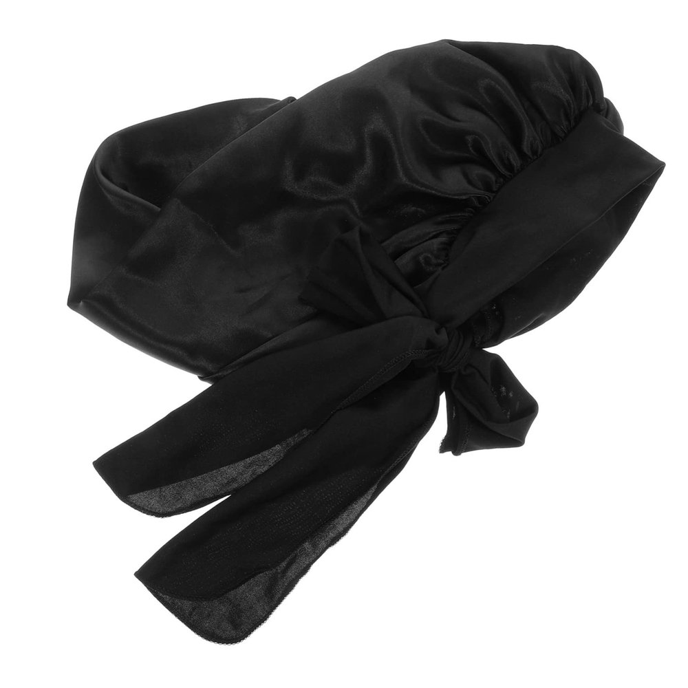 IWOWHERO Black Satin Sleep Bonnet for Women, Long, Secure-Fit Hair Cap for Sleeping and Sensitive Curls