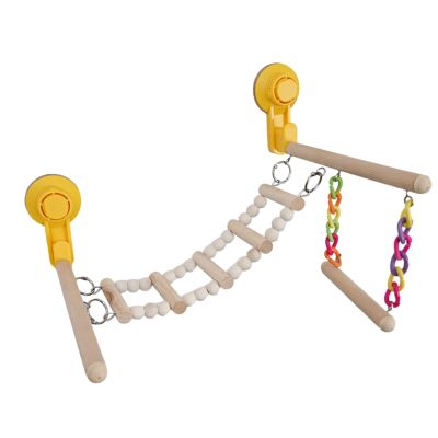 Bird Shower Perch with Window Mount, Natural Wood and Climbing Ladder