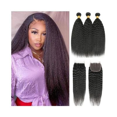 Human Hair Bundles with Closure, 8–30 Inches, Kinky Straight, 4×4 Lace Closure (28/28/28/28 with 22)