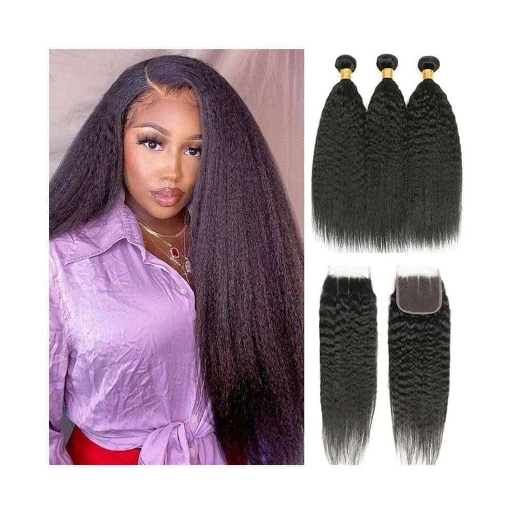 Human Hair Bundles with Closure, 8–30 Inches, Kinky Straight, 4×4 Lace Closure (28/28/28/28 with 22)