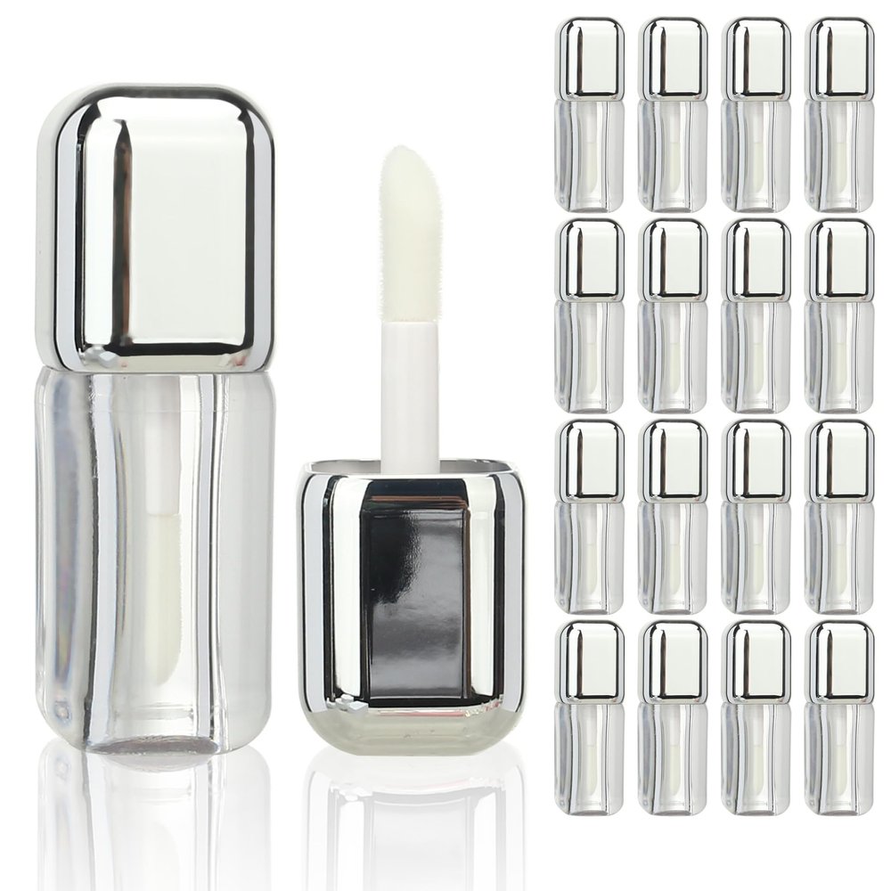 COSIDEA 16-Piece Silver 5 ml Square Lip Gloss Tubes for DIY Lip Gloss with Large Doe-Foot Applicators
