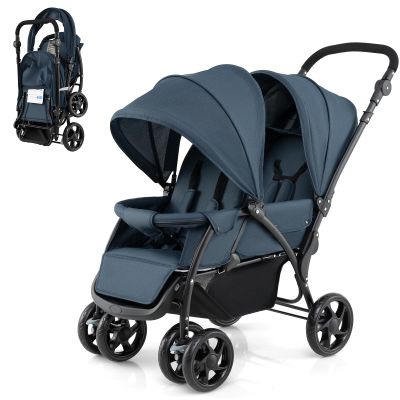COSTWAY Foldable Tandem Stroller, Twin Stroller with Adjustable Backrest and Canopy, Reclining Travel Stroller, for Babies 6+ Months, Holds up to 30 kg, Blue