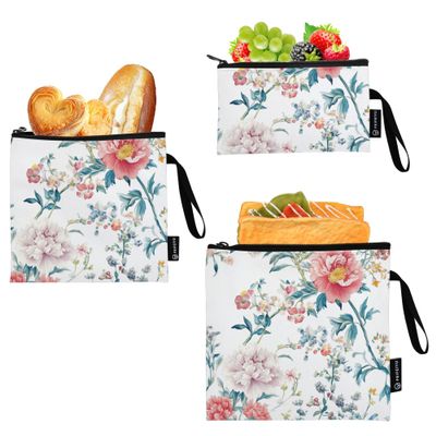 Caihoyu Reusable Sandwich Snack Bags, Floral Pattern, 3-Pack