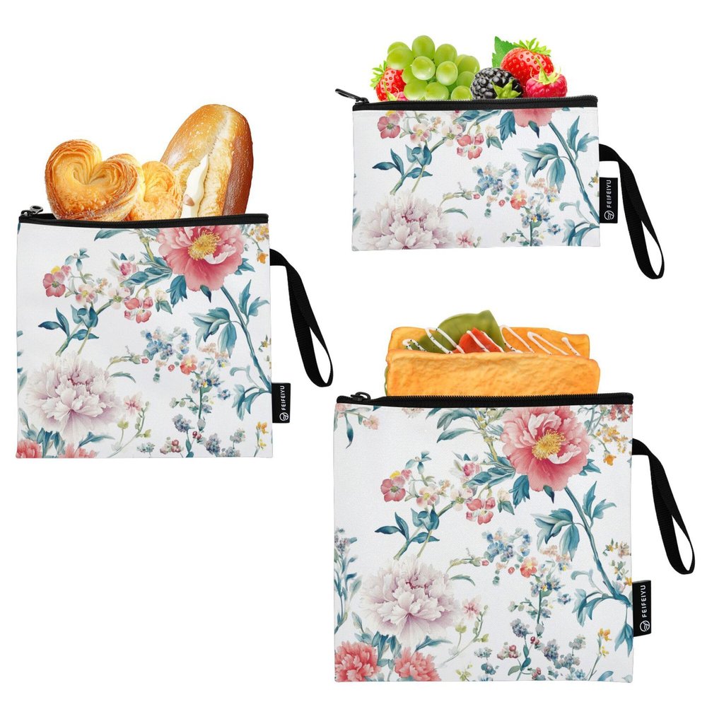 Caihoyu Reusable Sandwich Snack Bags, Floral Pattern, 3-Pack