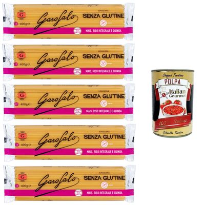 Garofalo Gluten-Free Linguine with Corn, Brown Rice & Quinoa, 5 x 400 g + Italian Gourmet Polpa 400 g
