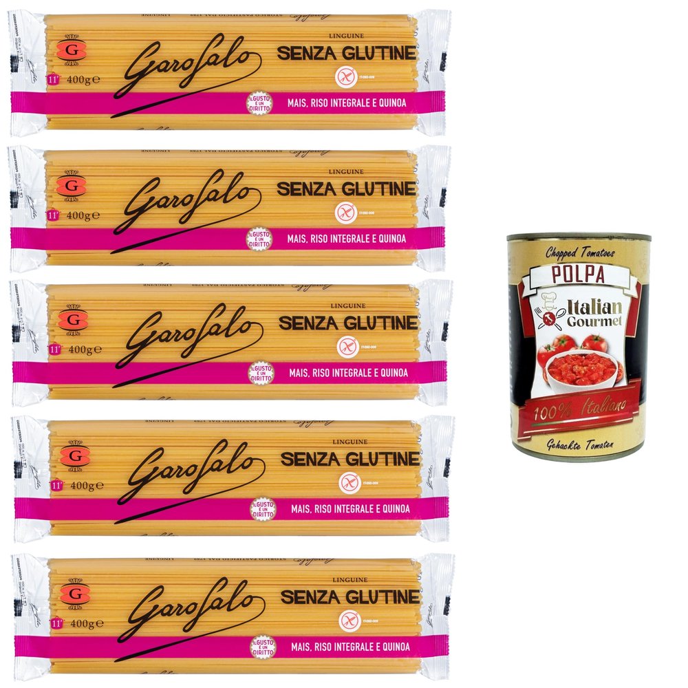 Garofalo Gluten-Free Linguine with Corn, Brown Rice & Quinoa, 5 x 400 g + Italian Gourmet Polpa 400 g