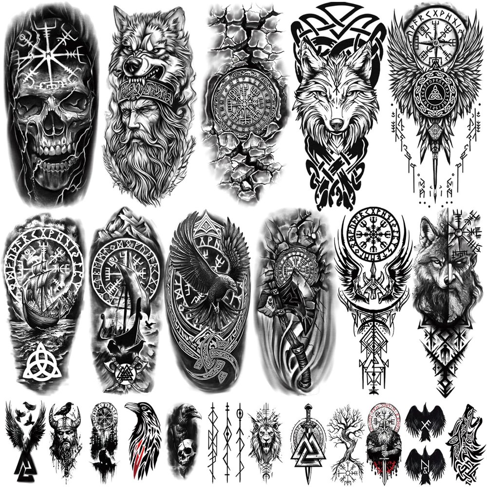 77 Sheets of Temporary Viking Tattoos for Adults, Norse Celtic Tribal Fake Tattoo Stickers