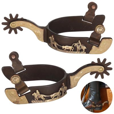 Lnrueg Western Spurs for Cowboy Boots with Rotating Gear, Antique Copper and Brass Design, Engraved Trim, Low-Carbon Steel